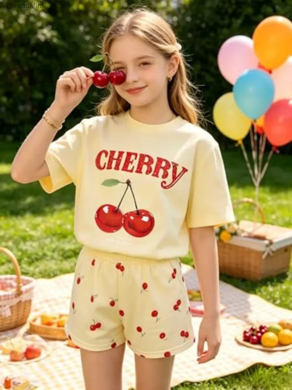 Girls Two Piece Cherry Short Set with Pockets M/L 7-14